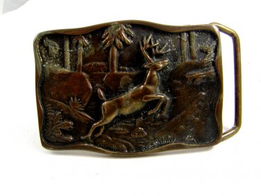 Brass Buck Deer in the Woods Running Belt Buckle #102213