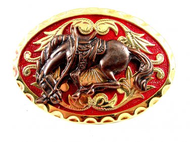 Western Goldtone Red Bowing Broncho / Horse Belt Buckle #102113e