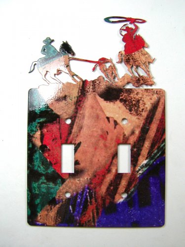 Rodeo Calf Roping Cowboys Double Light Switch Cover Plate by Steel Images USA