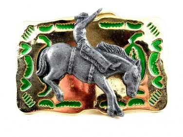 Made in USA Western Goldtone Green Cowboy on Broncho Belt Buckle #102113j