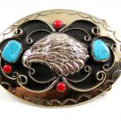 Handcrafted Western Cowboy Eagle Coral Turquoise Belt Buckle USA