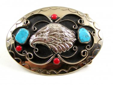 Handcrafted Western Cowboy Eagle Coral Turquoise Belt Buckle USA