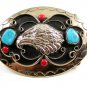 Handcrafted Western Cowboy Eagle Coral Turquoise Belt Buckle USA