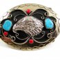 Handcrafted Western Cowboy Eagle Coral Turquoise Belt Buckle USA