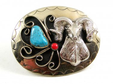 Southwest Handcrafted Big Horn Sheep Coral Turquoise Belt Buckle USA