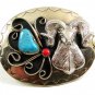 Southwest Handcrafted Big Horn Sheep Coral Turquoise Belt Buckle USA