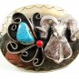 Southwest Handcrafted Big Horn Sheep Coral Turquoise Belt Buckle USA