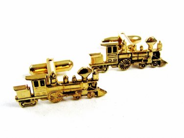 Locomotive Train Steam Engine Goldtone Cufflinks Unmarked 101614