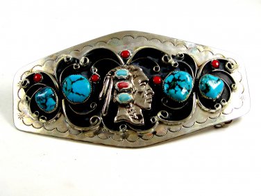 Huge Southwest Handcrafted Native American Coral Turquoise Belt  Buckle