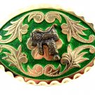Western Silvertone Green Saddle Belt Buckle #102113d