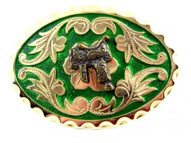 Western Silvertone Green Saddle Belt Buckle #102113d