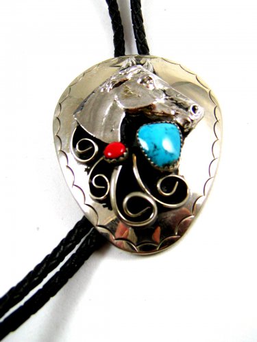 Southwest Western Cowboy Rodeo Horse Head Turquoise Coral Bolo