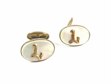 Edwardian / Deco Mother Pearl & Brass Initial L Cufflinks Unmarked 102414