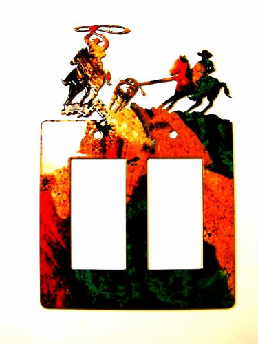 Rodeo Cowboy Bull Ropiing Double Rocker Outlet Cover Plate by Steel Images USA