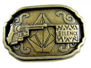 Pistol with Sign That Reads Silence Belt Buckle by Mike Aho 61914