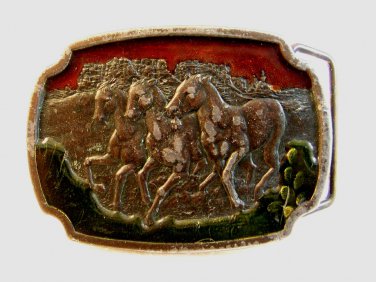 Three Horses Galloping Enameled Belt Buckle by Koleaco Dallas