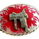 Western Cowboy Silvertone & Red Saddle Belt Buckle #102113