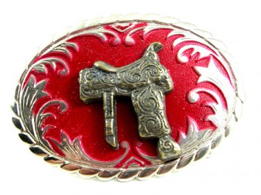 Western Cowboy Silvertone & Red Saddle Belt Buckle #102113