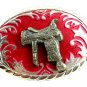 Western Cowboy Silvertone & Red Saddle Belt Buckle #102113