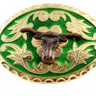 Western Goldtone Green Bull Head Belt Buckle #102113