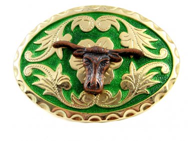 Western Goldtone Green Bull Head Belt Buckle #102113