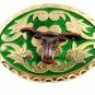 Western Goldtone Green Bull Head Belt Buckle #102113