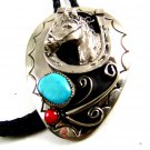 Southwest Western Cowboy Rodeo Horse Shoe Turquoise Coral Bolo