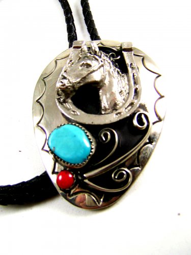 Southwest Western Cowboy Rodeo Horse Shoe Turquoise Coral Bolo