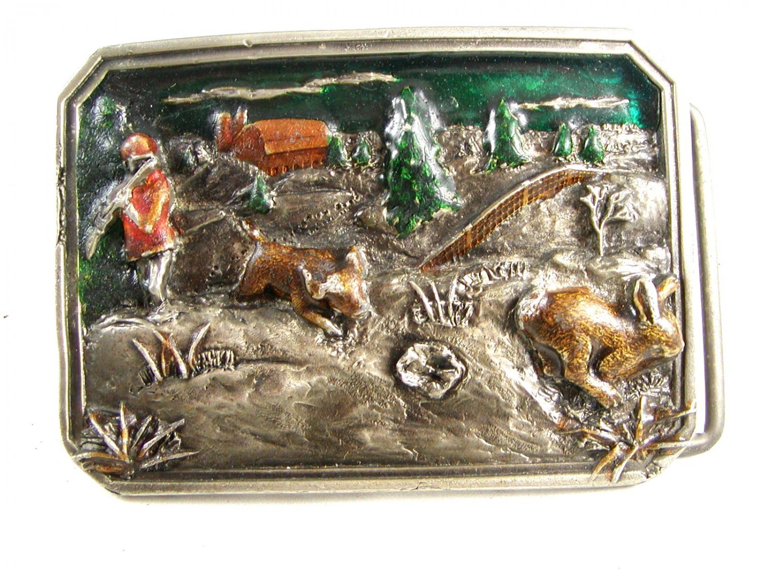 1984 Hunter w/ Rifle Pig Rabbit Belt Buckle by Bergamot