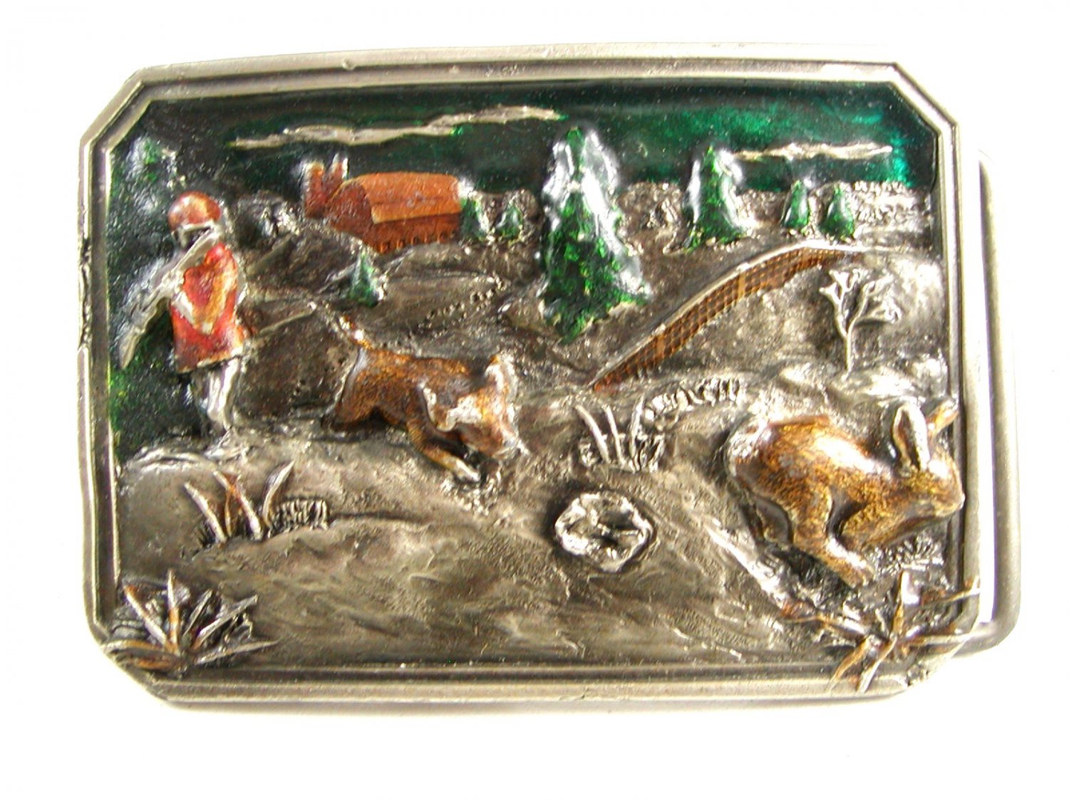 1984 Hunter w/ Rifle Pig Rabbit Belt Buckle by Bergamot