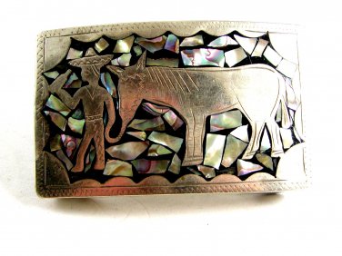 Mexican Silvertone & Abalone Man & Horse Belt Buckle 12022013