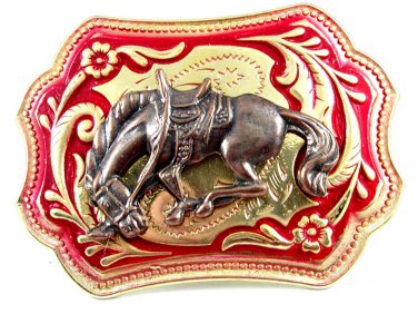 Western Goldtone Red Bowing Broncho / Horse Belt Buckle #102113b