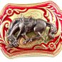 Western Goldtone Red Bowing Broncho / Horse Belt Buckle #102113b