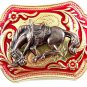 Western Goldtone Red Bowing Broncho / Horse Belt Buckle #102113b