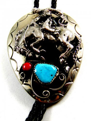 Southwest Western Cowboy Rodeo Bronco Busting Turquoise Coral Bolo