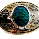 Silvertone & Shiny Blue Western Cowboy Belt Buckle Made in USA
