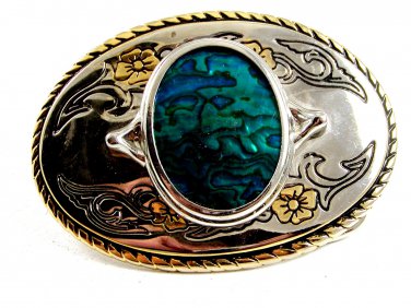 Silvertone & Shiny Blue Western Cowboy Belt Buckle Made in USA