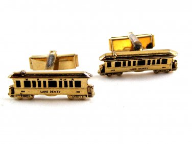Goldtone Trolley Car Train Lake Dewey Cufflinks Not Signed