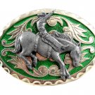 Western Silvertone Green Cowboy Riding Broncho Belt Buckle #102113o