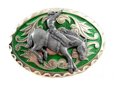 Western Silvertone Green Cowboy Riding Broncho Belt Buckle #102113o
