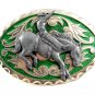 Western Silvertone Green Cowboy Riding Broncho Belt Buckle #102113o