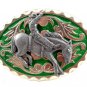 Western Silvertone Green Cowboy Riding Broncho Belt Buckle #102113o
