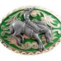 Western Silvertone Green Cowboy Riding Broncho Belt Buckle #102113o