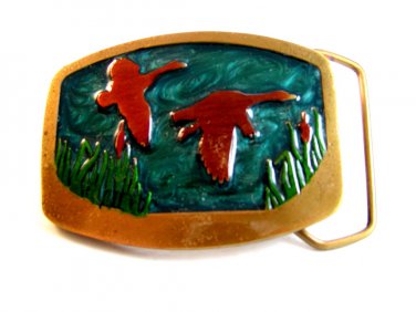 1977 Enameled Ducks in Flight Brass Belt Buckle by Indiana Metal Craft
