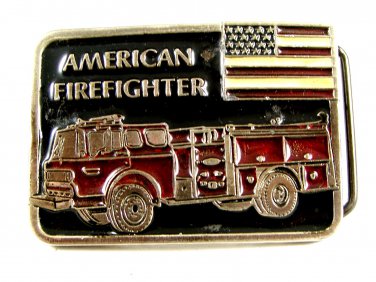 American Firefighter Truck Flag Red Enameled Belt Buckle 51514 Made In USA