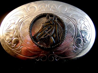 Horse two tone belt buckle with rope design