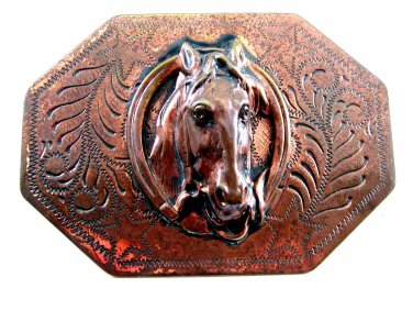 Early Western Cowboy Horse Head In Horse Shoe Solid Brass Belt Buckle