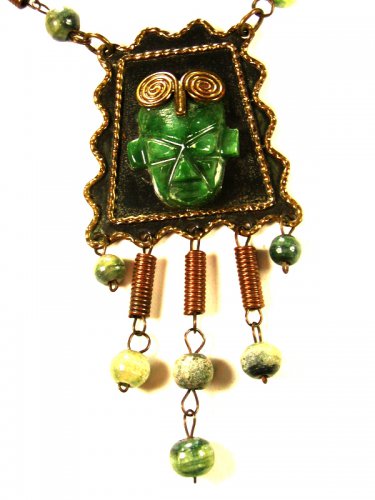 Mexican Copper Green Stones Native 20" Chain Dangley Necklace Unmarked 72215