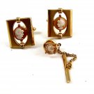 Signed Goldtone Shell Cameo of Greek / Roman Warrior Cufflinks & Tie Tac
