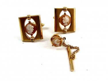 Signed Goldtone Shell Cameo of Greek / Roman Warrior Cufflinks & Tie Tac